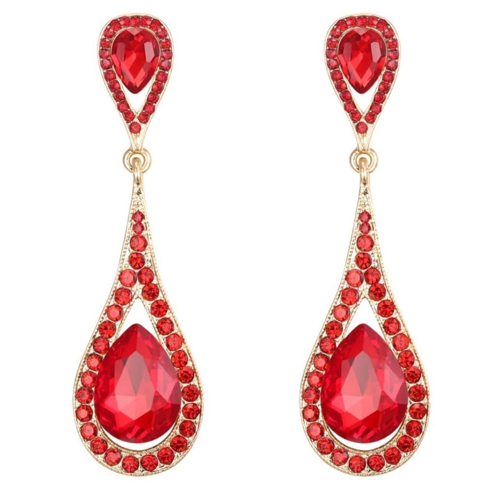 Yellow Gold with Ruby Red Austrian Crystal Dual Dangling Drop Teardrop Earrings